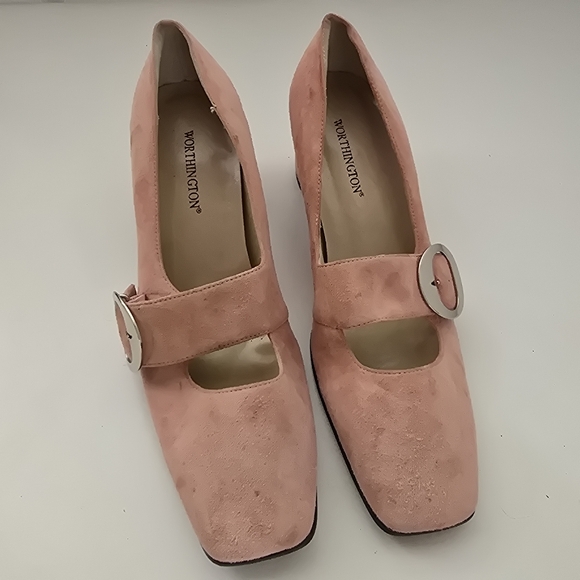 Worthington Blush Pink Leather Mary Jane Block Heel Pumps Retro Style Size 6.5 - Picture 3 of 16